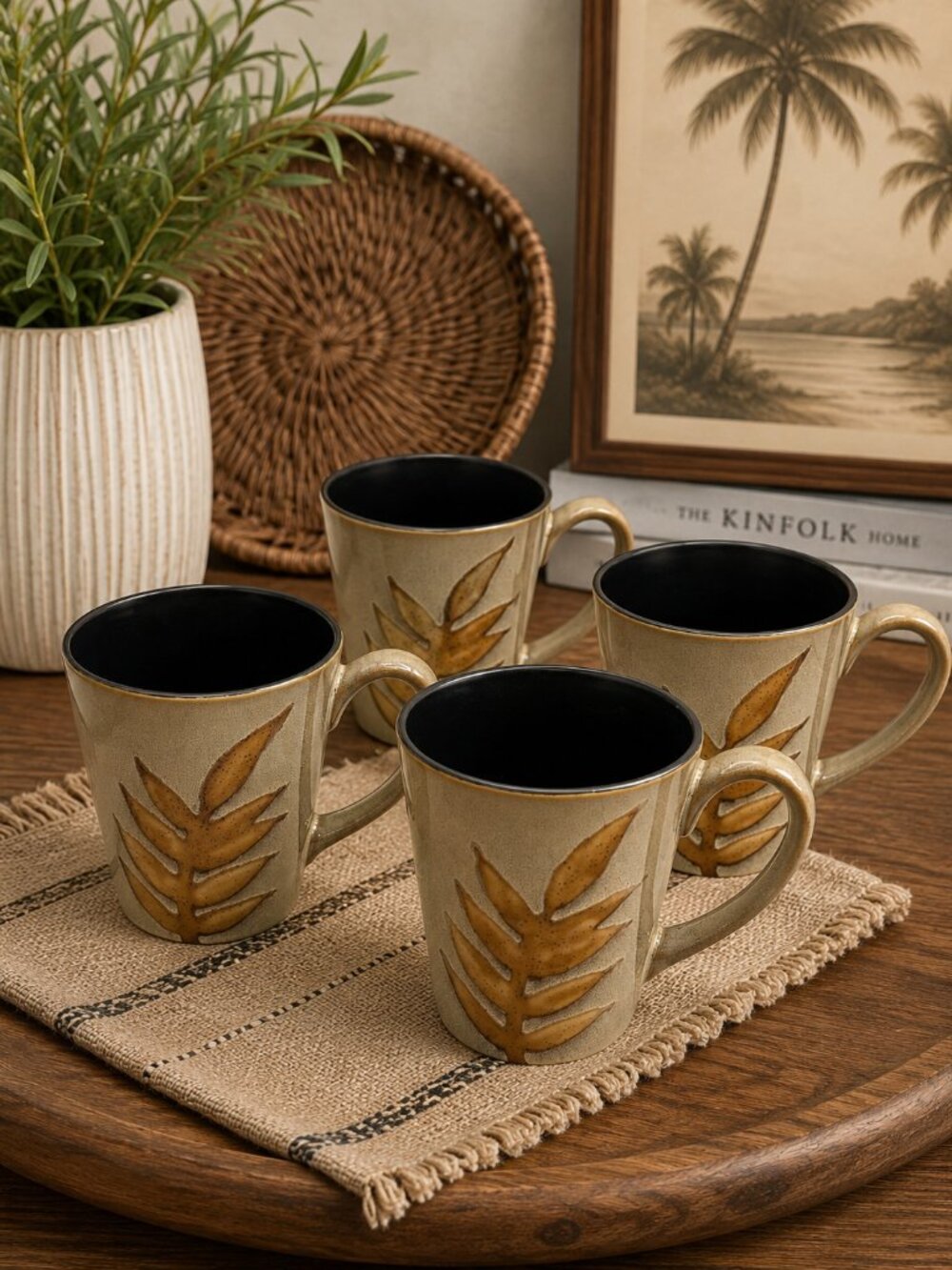 Set of 4 Home Trends Island Leaf Ceramic Coffee Mug 12oz Black Interior Tropical